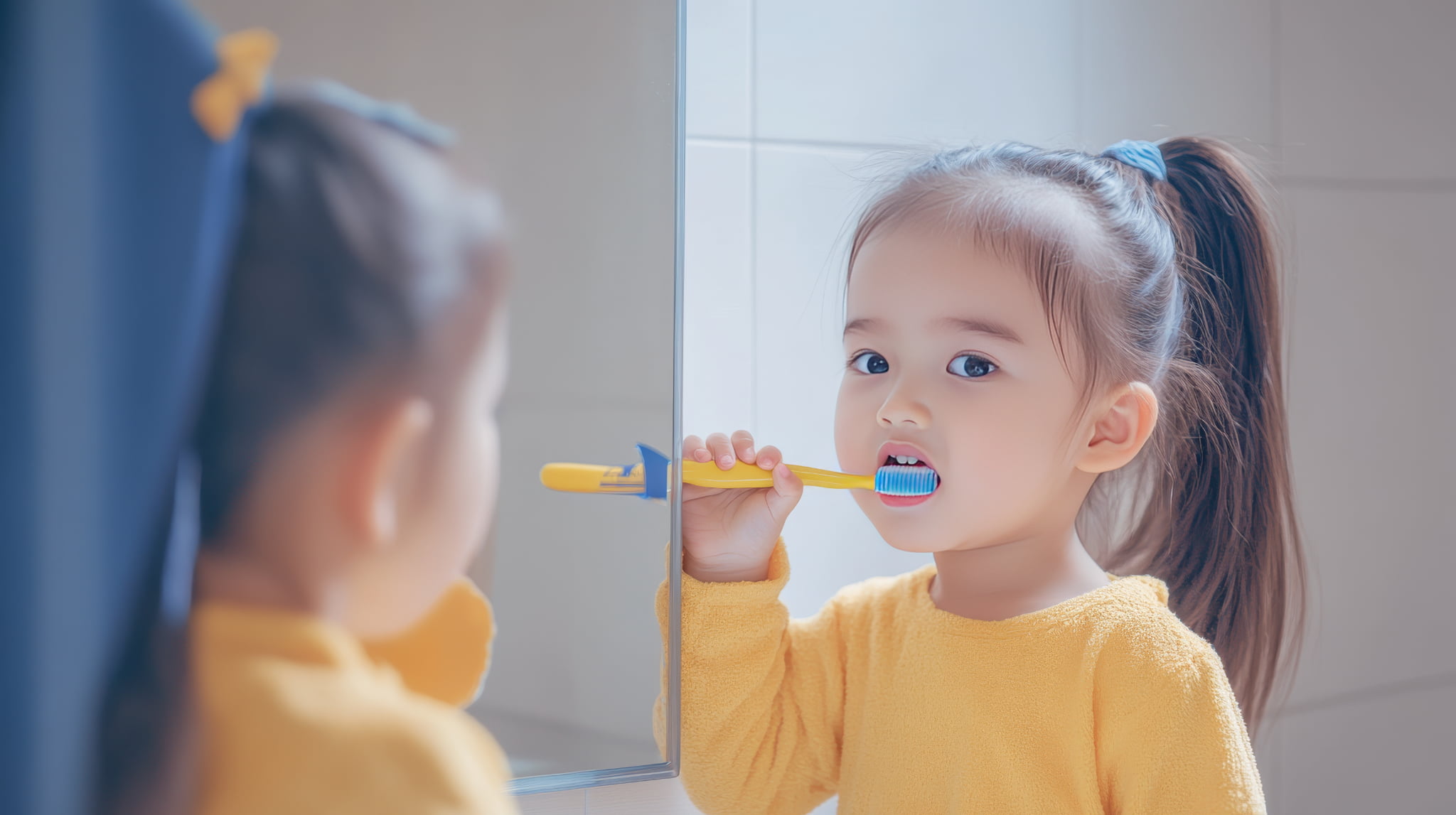 鏡を見ながら歯磨きをする子ども