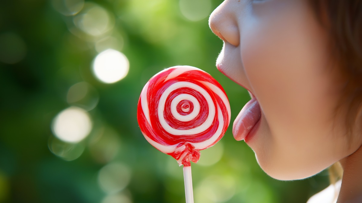甘い飴を食べる子どもの口元