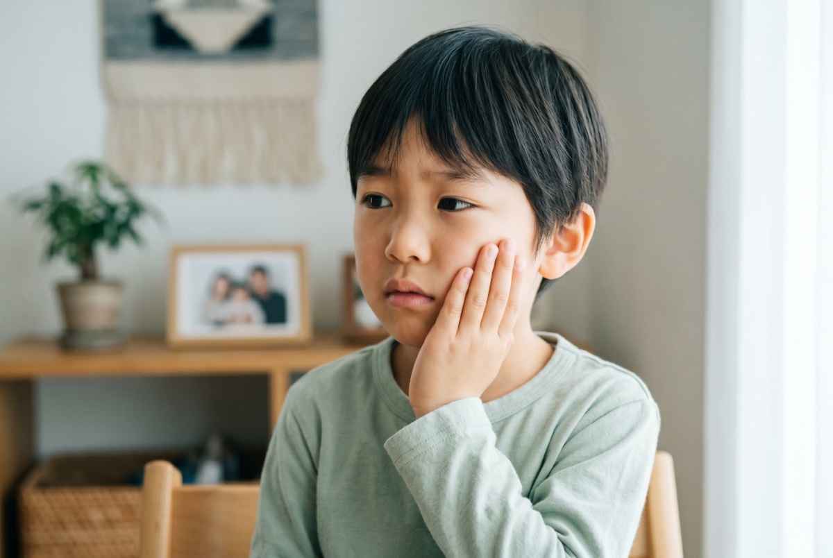 虫歯が痛くて頬をおさえる子ども