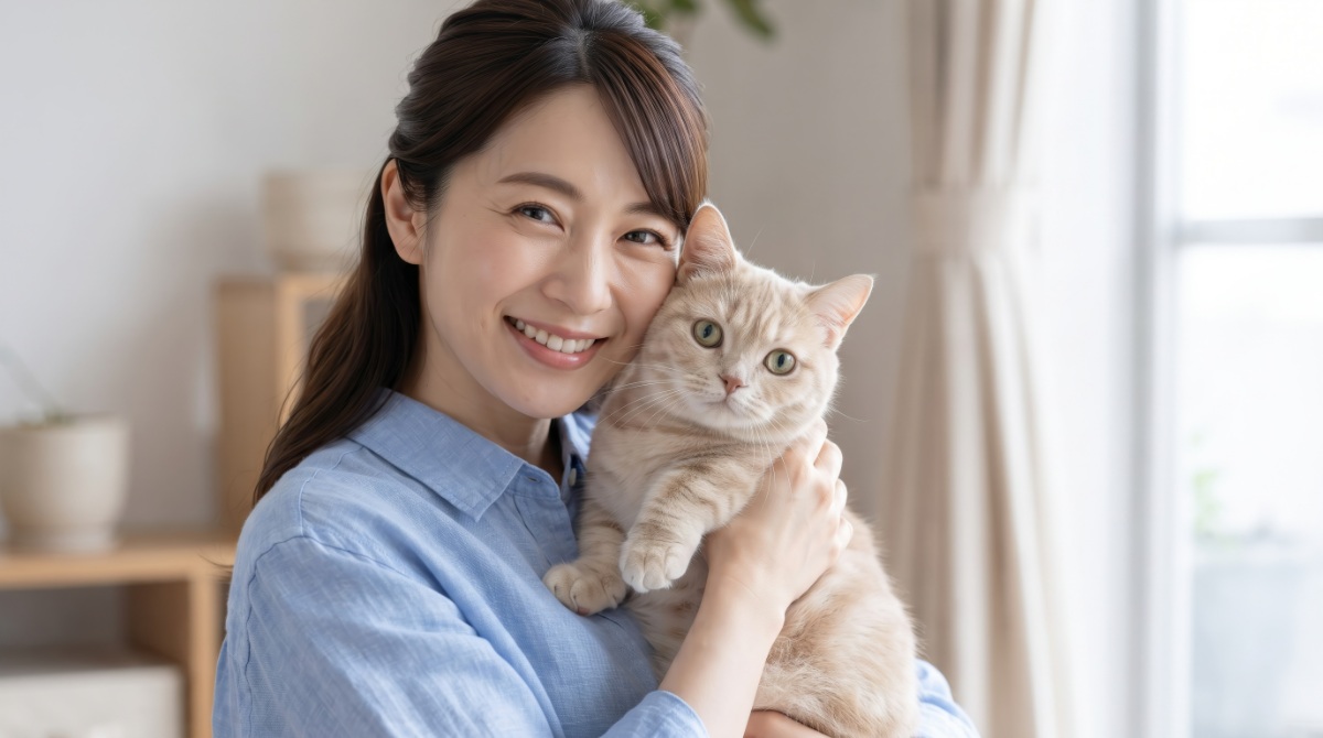 自分に合ったブリッジ治療に満足して微笑む愛猫を抱いた女性